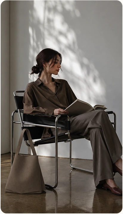 Woman reading beside an ORMA handbag